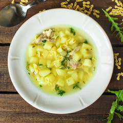 chicken soup farfalle - first course with pasta and vegetables, menu concept. food background. copy space