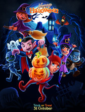 illustration of halloween night with little monsters and cartoon ghosts