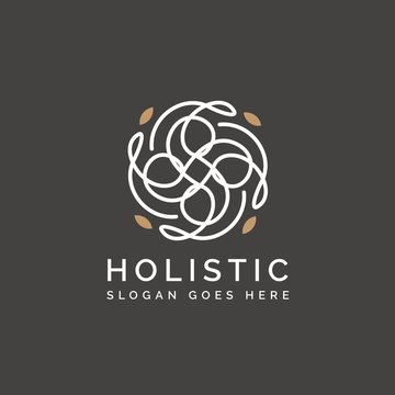 Holistic medical and health wellness logo design with leaf line pattern in gold white color