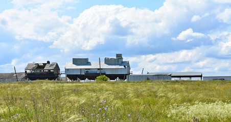 Field, barn for grain storage, rural landscape