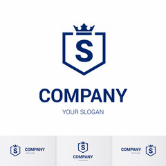Illustration of Shield Badge-Shape with letter S in the Middle and Luxury Crown. Logo Icon Template for Web and Business Card, Letter Logo Template on White Background