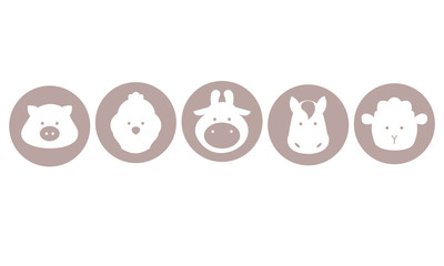 Set of icon farm animals, face of pig, rooster, cow, horse, sheep