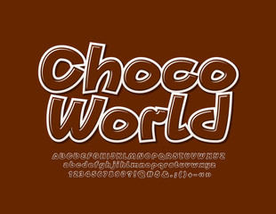Vector bright emblem Choco World with glossy Font. Stylish Brown Alphabet Letters, Numbers and Symbols