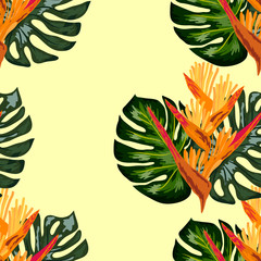Fototapeta na wymiar Seamless pattern of Heliconia flowers or lobster-claws and tropical leaf background
