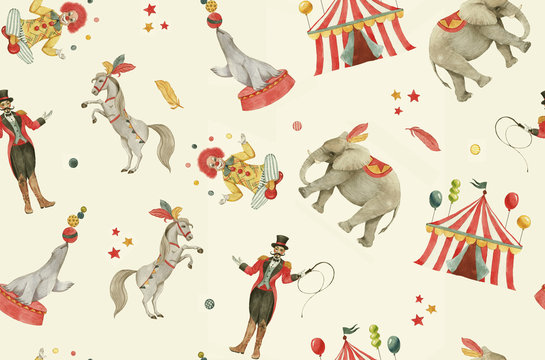 Hand drawn watercolor seamless pattern with circus animals, clown, tent, artists. Childish cartoon colorful background, repeated circus pattern in retro style
