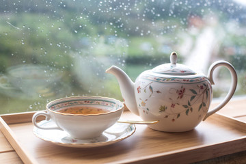 Tea cup and teapot from porcelain for tea. tea set