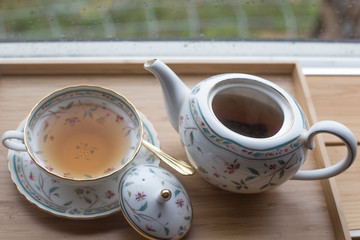 Tea cup and teapot from porcelain for tea. tea set
