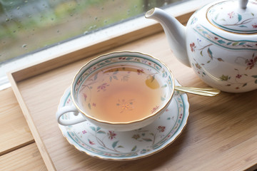 Tea cup and teapot from porcelain for tea. tea set