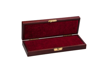 An open wooden box with gilded locks. Luxury packaging for anything.