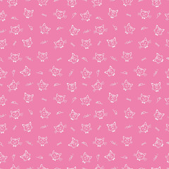 Seamless pattern with cats. White face of cat on pink background. Hand drawn. Wallpaper fabric card cover design and decor. Doodles texture print illustration for kids, girls	