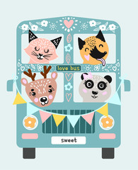 bus with cute animals isolated