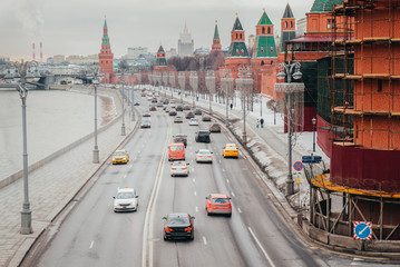 Kremlin, Moscow, embankment, river, winter, Russia, walls, towers,