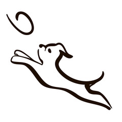 Vector Illustration of Isolated Dog Jumping and Catching Disc. head line art drawing Silhouette on White Background.