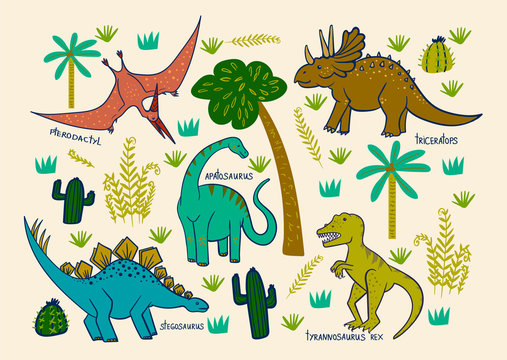 children's card with dinosaurs: triceratops, pterodactyl, apatosaurus, stegosaurus, tyrannosaurus rex