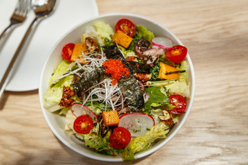 Seafood Salad with Caviar, Cherry and Lettuce