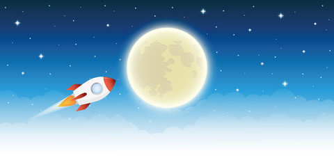 space ship flying in to space to the moon in starry sky vector illustration EPS10