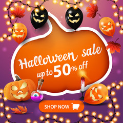 Halloween sale, up to 50% off, creative discount banner with large cut pumpkin, Halloween balloons, autumn leafs, pumpkin Jack and witch's potion