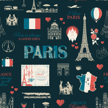 Vector seamless pattern on France and Paris theme with drawings, inscriptions, architectural landmarks, map and flag of French republic in retro style. Can be used as wallpaper, wrapping paper, fabric