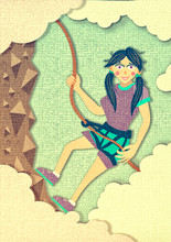 Girl rock climber climbs the mountain