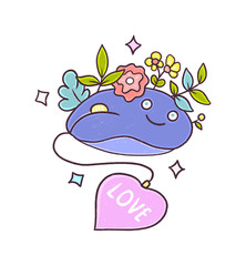 Cool illustration with a cute computer mouse. Kawaii style. Doodle flowers. Girlish print design for t-shirts.