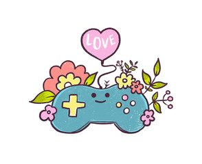 Cool cute joystick, love. Kawaii style. Doodle flowers. Girly illustration for gaming.