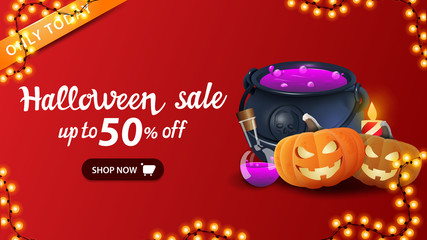 Halloween sale, up to 50% off, red horizontal discount web banner with witch's cauldron and pumpkin Jack