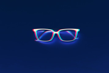 Fashionable glasses on deep blue background. 3D effect. Glitch style effect. Vibrant duotone yellow, violet colors.