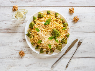 Pasta with romanesco cauliflower (broccoli). Top view. 