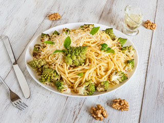 Pasta with romanesco cauliflower (broccoli). Top view. 