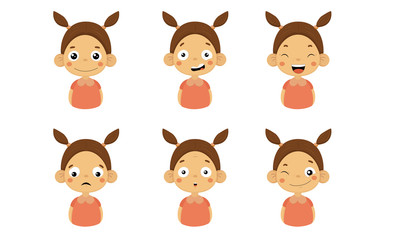 Cute Girl Facial Emotions Set, Kids Face with Different Expressions, Boy Showing Moods Variety Vector Illustration