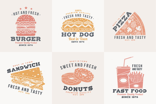 Set of fast food retro badge design. Vintage design with hotdog, burger, pizza for cafe, restaurant, pub or fast food business. Template for restaurant identity objects, packaging and menu