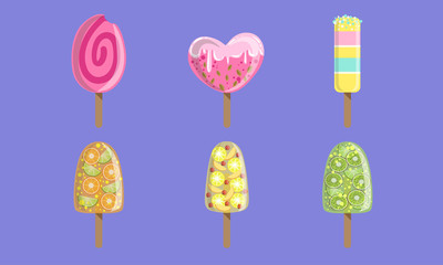 Collection of Fruit Ice Cream and Popsicles Vector Illustration