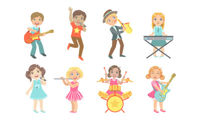 Kids Playing Musical Instruments and Singing Set, Talented Boys and Girls Musicians Performing On Stage Vector Illustration