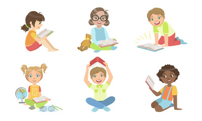 Kid Reading Books Set, Cute Boys and Girls Studying and Enjoying Literature Vector Illustration