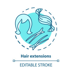 Hair extensions blue concept icon. Clip in hair tapes, wig and accessories. Hairstyling idea thin line illustration. Hairdresser, hairstylist parlor. Vector isolated outline drawing. Editable stroke