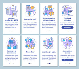 Fototapeta na wymiar Corporate events planning service onboarding mobile app page screen with linear concepts. Company event management walkthrough graphic instructions. UX, UI, GUI vector templates set with illustrations