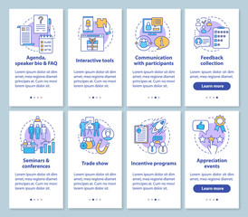 Fototapeta premium Corporate events planning service onboarding mobile app page screen with linear concepts. Company event management walkthrough graphic instructions. UX, UI, GUI vector templates set with illustrations