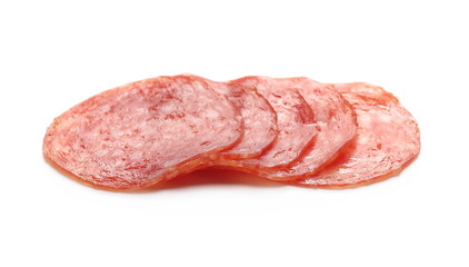 Salami slices isolated on white background