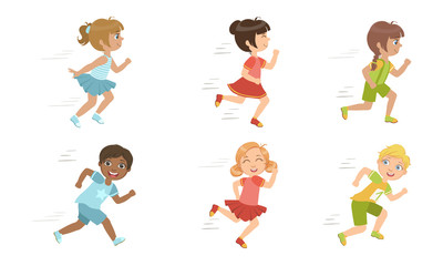 Fototapeta premium Cute Kids Running Set, Adorable Boys and Girls Doing Sport, Taking Part at Running Competition Vector Illustration