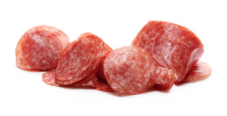 Salami slices isolated on white background