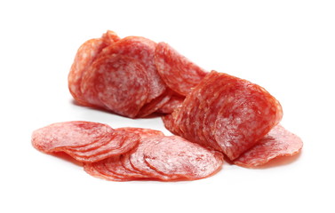 Salami slices isolated on white background