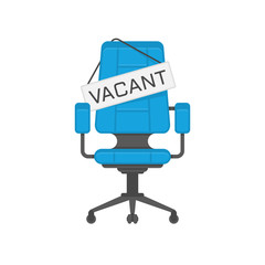 Empty office chair with vacant sign. Business hiring and recruiting concept. Employment, vacancy and hiring job illustration. Vacant seat for employee, worker. Vector EPS 10.