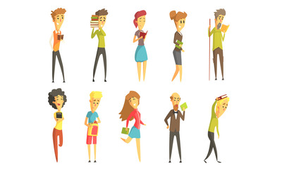 Different People Reading Books Set, Man and Woman Enjoying Literature Vector Illustration