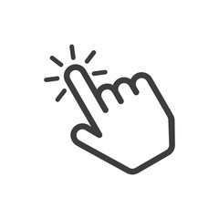 Click here the button. Hand sign with touching a buttons or pointing finger. Hands cursor icon. Vector illustration in flat style. EPS 10.