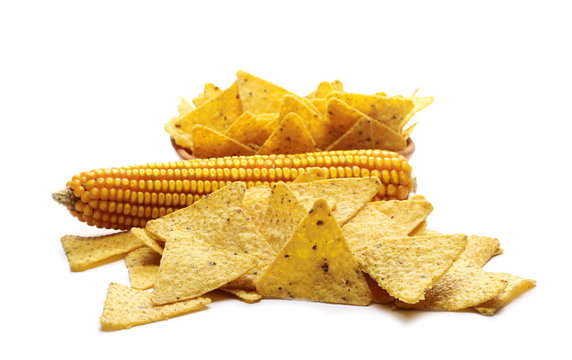 Corn Tortilla Chips Pile With Maize Cob, Isolated On White Background