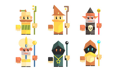 Dwarves with Magical Staves Set, Fairy Tale Design Elements, Fantasy Game Heroes Vector Illustration