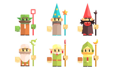 Sorcerers and Dwarves Set, Fairy Tale Design Elements, Fantasy Game Heroes Vector Illustration