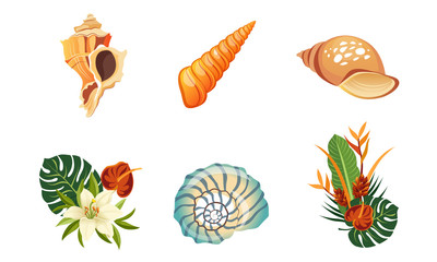Sea Shells, Palm Leaves and Flowers Set, Beautiful Tropical Landscape Design Elements Vector Illustration