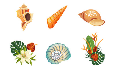 Naklejka premium Sea Shells, Palm Leaves and Flowers Set, Beautiful Tropical Landscape Design Elements Vector Illustration