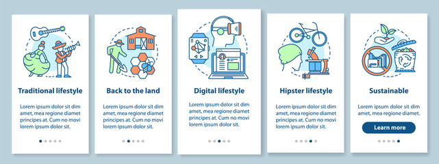 Fototapeta na wymiar Lifestyle types onboarding mobile app page screen with linear concepts. Traditional, digital, hipster life style walkthrough steps graphic instructions. UX, UI, GUI vector template with illustrations